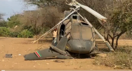 File image of a Kenya Airforce helicopter after crashing in Baringo.